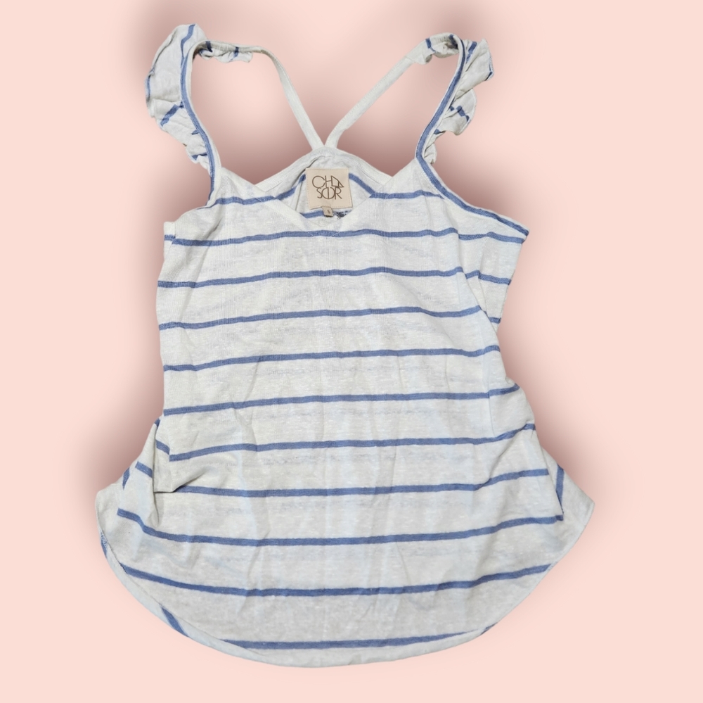 CHASOR Striped Linen Ruffle Strap Tank Top - Picture 2 of 5